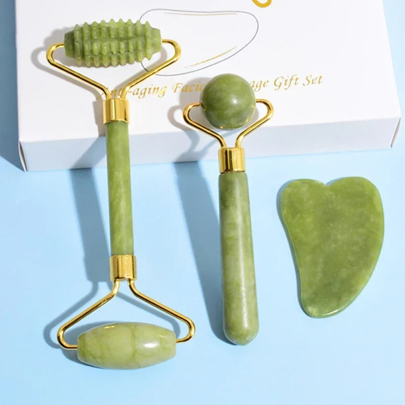 Rodillo de Jade Natural para cara, Gua Sha, piedra Natural, masajeador para el cuerpo y el cuello.