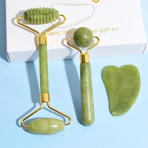 Rodillo de Jade Natural para cara, Gua Sha, piedra Natural, masajeador para el cuerpo y el cuello.